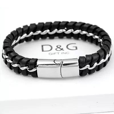 DG Men's 8. Stainless-Steel SilverBlackBraided Leather Magnetic.Bracelet*BOX • $16.95