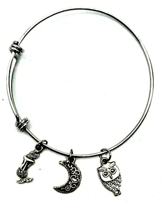 Bangle Bracelet Charms Stretch Silver Toned  Owl Crescent Moon Mermaid • $19.97