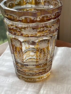 Antique Bohemian Moser Amber Art Glass Engraved And Cut-to-Clear  Deco Vase • $175