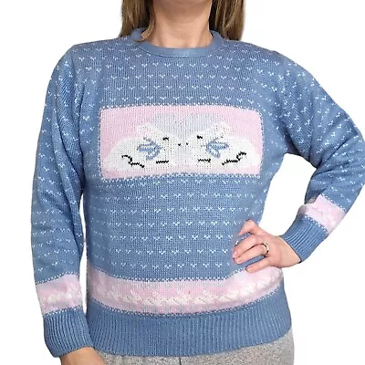 Retro 80s Bunny Rabbit S/M Blue Sweater Hearts Easter Novelty Pastel Pullover • $59.99