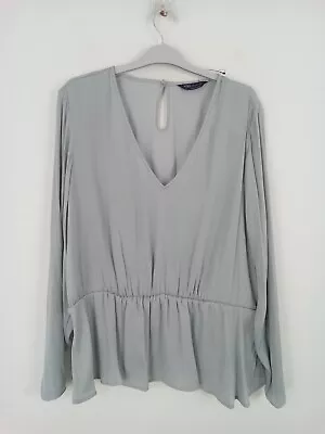 M&S Top Silver V Neck Long Sleeve Peplum Hem Lightweight Blouse NEW F2 • £9.99