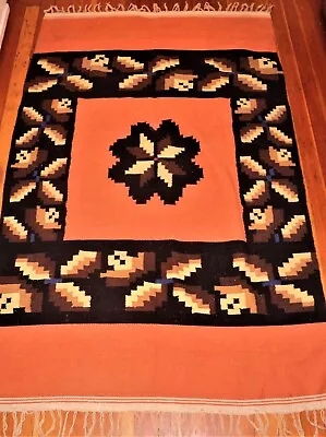 $79.95 • Buy Vintage ZAPOTEC Handwoven Wool AREA RUG 50 X82  Pumpkin Black Brown Yellow Blue