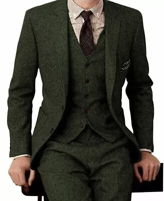 3pcs Mens Tweed Suits Wedding Bestman Groom Tuxedos Formal Blazer+Pants+Vest • $59.39