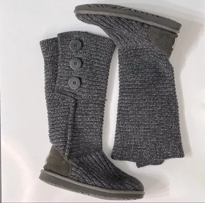 Ugg Classic Cardy Button Knit Tall Winter Boots Size 5 Women's Blue Gray Pull On • $33