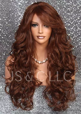 Human Hair Blend Wig Heat OK Curly Long Auburn Mix Bangs Layered 30-27 WBBT • $89.94
