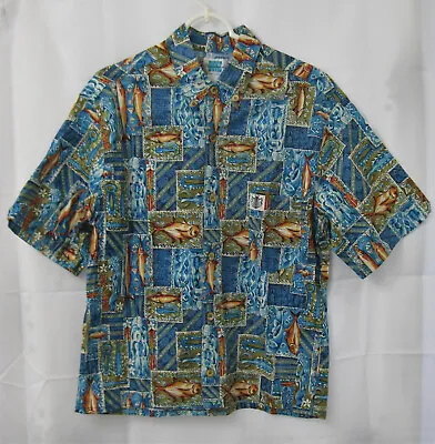 Duke Kahanamoku Hawaiian Aloha Shirt Vintage Blue Orange Fish Print M USA Cotton • $58.25