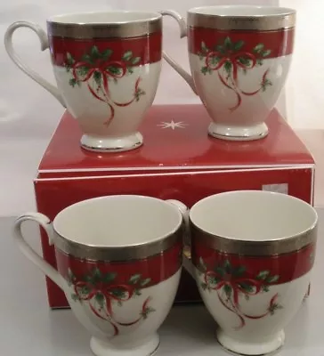 Mikasa PALATIAL HOLLY PLATINUM MUGS CUPS NEW IN BOX SET Of 4 • $94.99