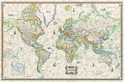 Antique World Wall Map Poster Old World Style Modern Info 36 X24  Laminated • $22.99