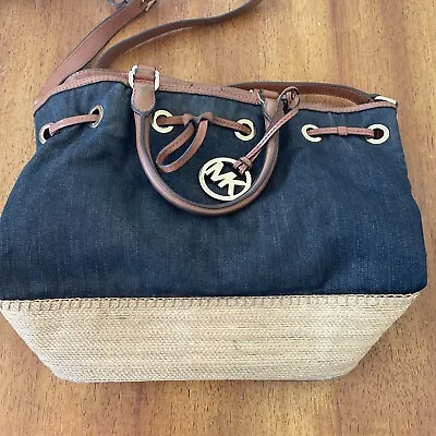 Michael Kors MK Denim Blue Jean Drawstring Straw Bag Vintage  • $49.99