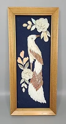 Vintage Sea Shell Art Framed Bird Flower Hanging Picture 11 X 7 White Beige Pink • $24.99