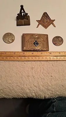 Lot Of 5 Masonic Mason Items Inc Belt Buckle Magnetic Dash Ornament.item Token • $65