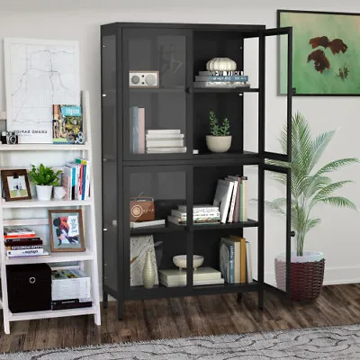 Four Glass Door Storage Cabinet Adjustable Shelves Metal Steel Sideboard Kitchen • $329.99