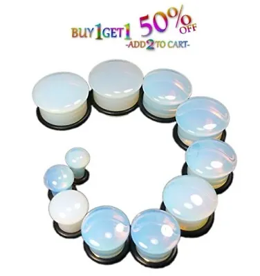 Pair 8g-25mm OPALITE STONE PLUGS Single Flare Gauges Organic Ear Moonstone 2037 • $14.95