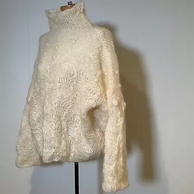 Vintage 80s Open Weave Oversize Handmade Loose Knit Mohair Handknit Cream Turtle • $44