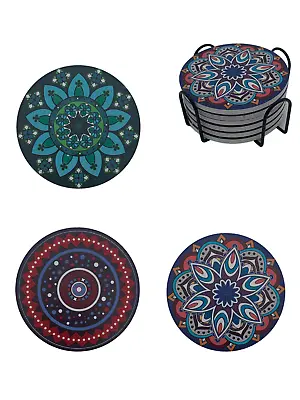 Mandala Drink Coasters With Holder 6 Set Ceramic Boho Coaster Drinks Absorbent • $12.99