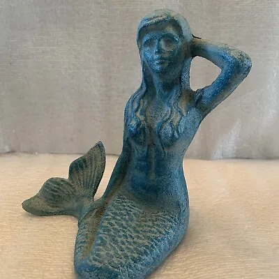 Blue Cast Iron Mermaid Figurine Shelf Sitter Hollow Vtg 6.75” Door Stop Book End • $24