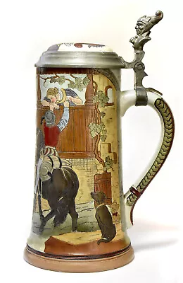 Marzi Remy Antique Art Nouveau 3 Horsemen Stein - Pewter Lid - Jester Thumb Lift • $195