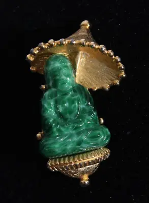 Chinese Peking Glass Buddha Brooch Umbrella Unsigned Jomaz Joseph Mazer VTG 60s • $40