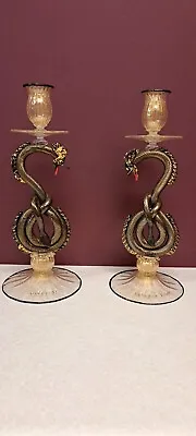 Murono Glass Blown & Gold Leaf Snake Stem Candleholders  • $875