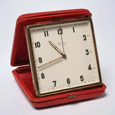 Helveco 7 Jewels Brass Red Leather Wind Up Pocket Travel Alarm Clock 3.75  • $118.03