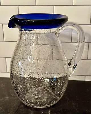 VTG Mexican Hand Blown Glass Pitcher – Cobalt Blue Rim - NICE! • $28.99