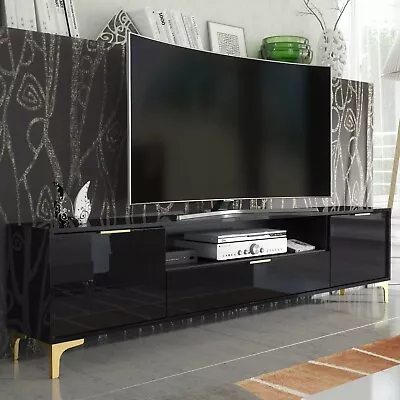 200cm Luxury High Gloss Modern TV Unit Stand Cabinet Gold Finish Accents • £199.90