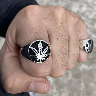 Mens Real Solid 925 Sterling Silver Black Oxidized Weed Pot Leaf Marijuana Ring • $29.95