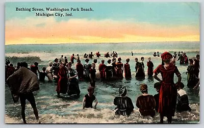 Michigan City Indiana~Washington Park Beach Bathing Scene~Crowd In Surf~c1910 • $13.01