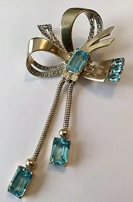 Vintage Mazer Signed Sterling Vermeil Aqua Rhinestone Brooch • $849