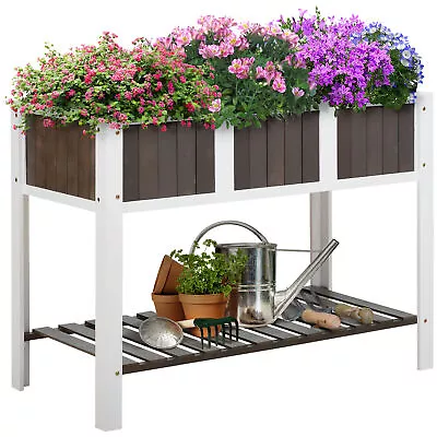 Outsunny Wooden Planter Raised Elevated Garden Bed With Shelf Outdoor/Indoor • £68.99