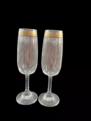$14.39 • Buy Set/2 Vintage Etched Champagne Flutes Wine Glasses Clear Gold White Scrolls 8 