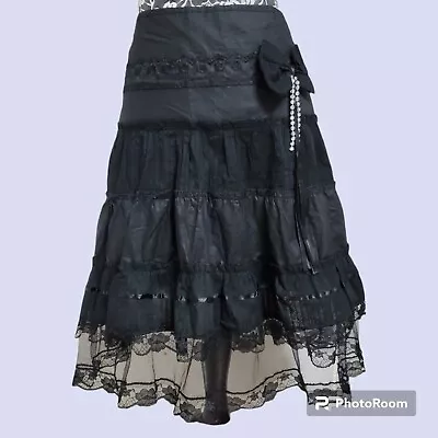 Black Lace Tiered Midi Skirt With Bow Size Large Kelly USA Goth Fairy Coquette • $44.99