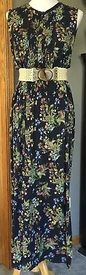 J Jill Women’s Midi Jersey Dress Sz XL Navy Floral Pintuck Sleeveless Side Slits • $24.99