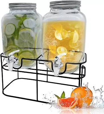 8L Glass Drink Dispenser (2x4L) Serving Cocktail Water Jar With Metal Wire Stand • £34.99