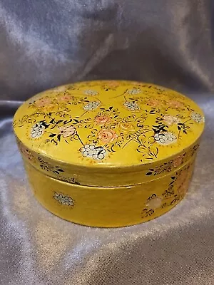 Vintage Round Hand PaintedFlowered YELLOW  Box MADE IN JAPAN BEAUTIFUL • $16.96