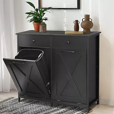 Double Tilt Out Trash Cabinet Wooden 20 Gallon Garbage Can Holder With 2 Drawers • $149.99