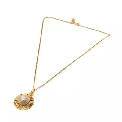 CHANEL Vintage Round Logo Faux Pearl  Necklace Metal Gold • $318