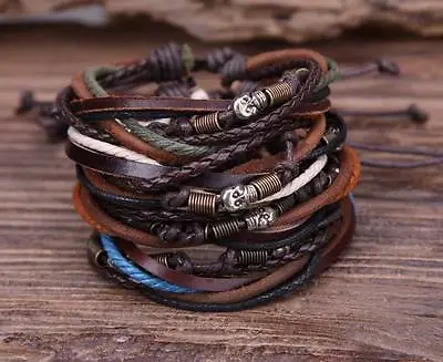 G108  Lot 4pc Surfer Casual Hemp Leather Bangle Bracelet Cuff Mens Cool Skulls • £5.94