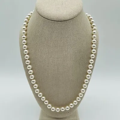 Vintage Necklace White Faux Pearl Round Bead Single Strand Fish Hook Jewelry 34  • $5.98