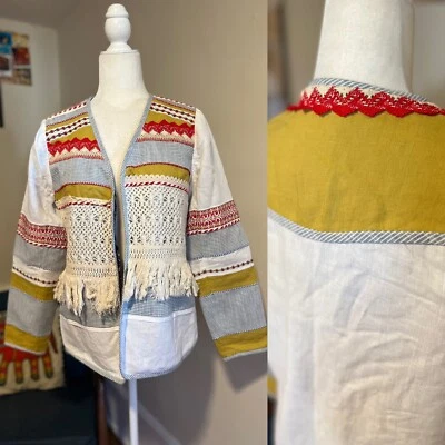 $19.97 • Buy V Cristina Boho Fringe Farm Patch Work Blazer Linen Blend White Size Medium