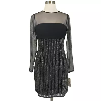 Aidan Mattox Women's Cocktail Dress Black Beaded Long Sleeve Mini Sheath Size 4 • $69.99