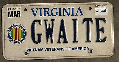 Virginia VIETNAM VETERANS OF AMERICA LICENSE PLATE - GWAITE - MARCH ? 2000 • $20