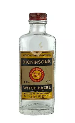 Vintage Dickinson's Witch Hazel Glass 4 Oz Bottle Paper Label Metal Lid Essex CT • $14.99