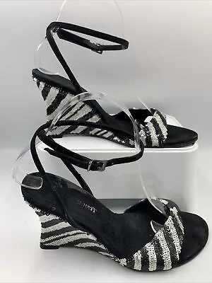 LK Bennett Black And White Zebra Print Sequin Strappy Wedge Heels. Size 5 EU38  • £25.95