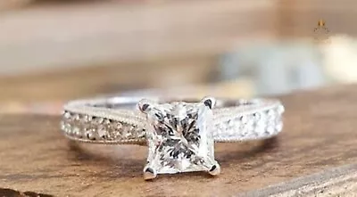 Moissanite Vintage Engagement Ring 2.50 CT Princess Cut Solid 14k White Gold • $230.55