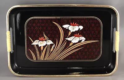 Vintage Japanese Lacquer Ware Floral 10.5  X 7  Serving Tray Black W/ Gold Trim • $12
