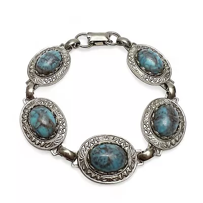 Vintage Faux Turquoise Cabochon Solid Copper Silvertone Link Bracelet • $19.99