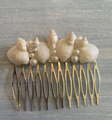 Mermaid Silver Hair Comb 2.5” Natural Shells Pearls Rhinestones Beach Theme • $19.99