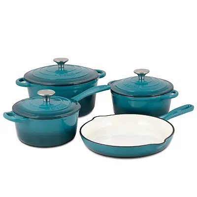 $199.99 • Buy Basque Enameled Cast Iron Cookware Set, 7-Piece Set (Biscay Blue) Nonstick