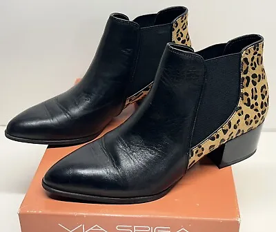 Via Spiga Boots Womens Size 8 M Ankle Booties Black Leather Casual Leopard Block • $39.99